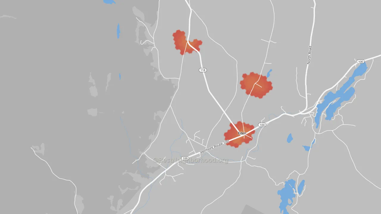 Walk Grade map of 05652, VT, walkable areas in green and car-dependent areas in red