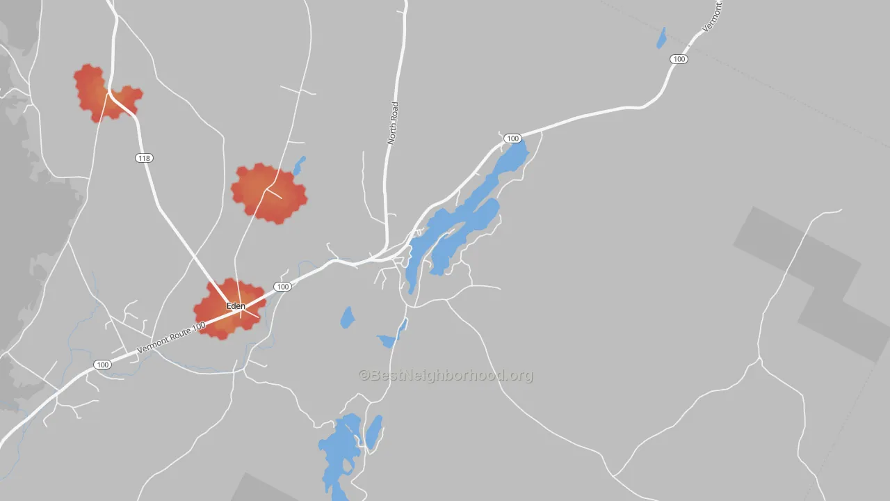 Walk Grade map of 05653, VT, walkable areas in green and car-dependent areas in red