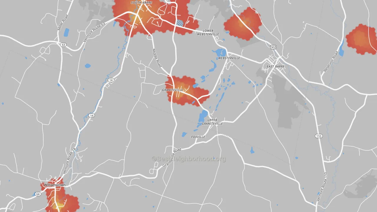 Walk Grade map of 05654, VT, walkable areas in green and car-dependent areas in red