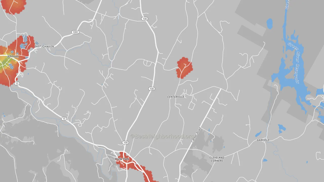 Walk Grade map of 05655, VT, walkable areas in green and car-dependent areas in red