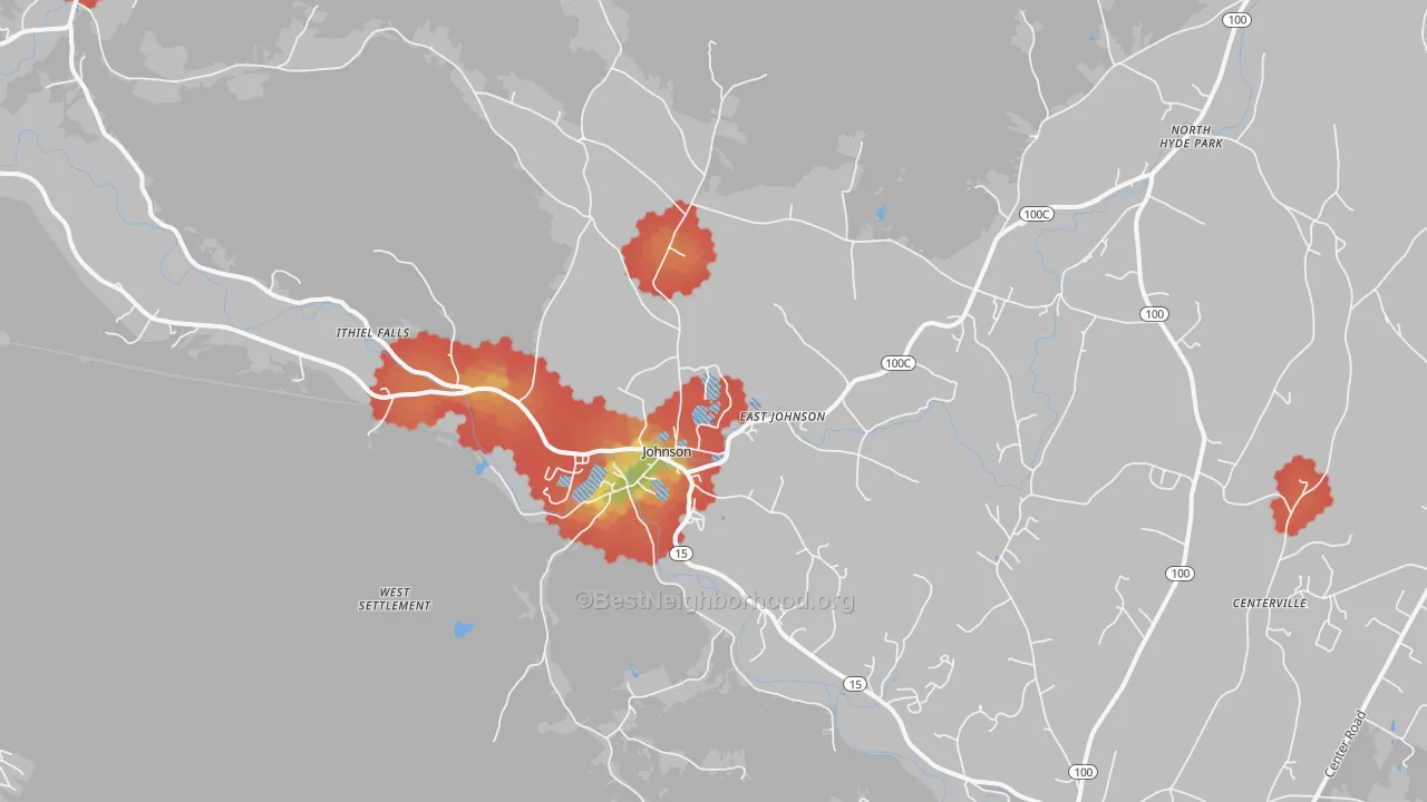 Walk Grade map of 05656, VT, walkable areas in green and car-dependent areas in red