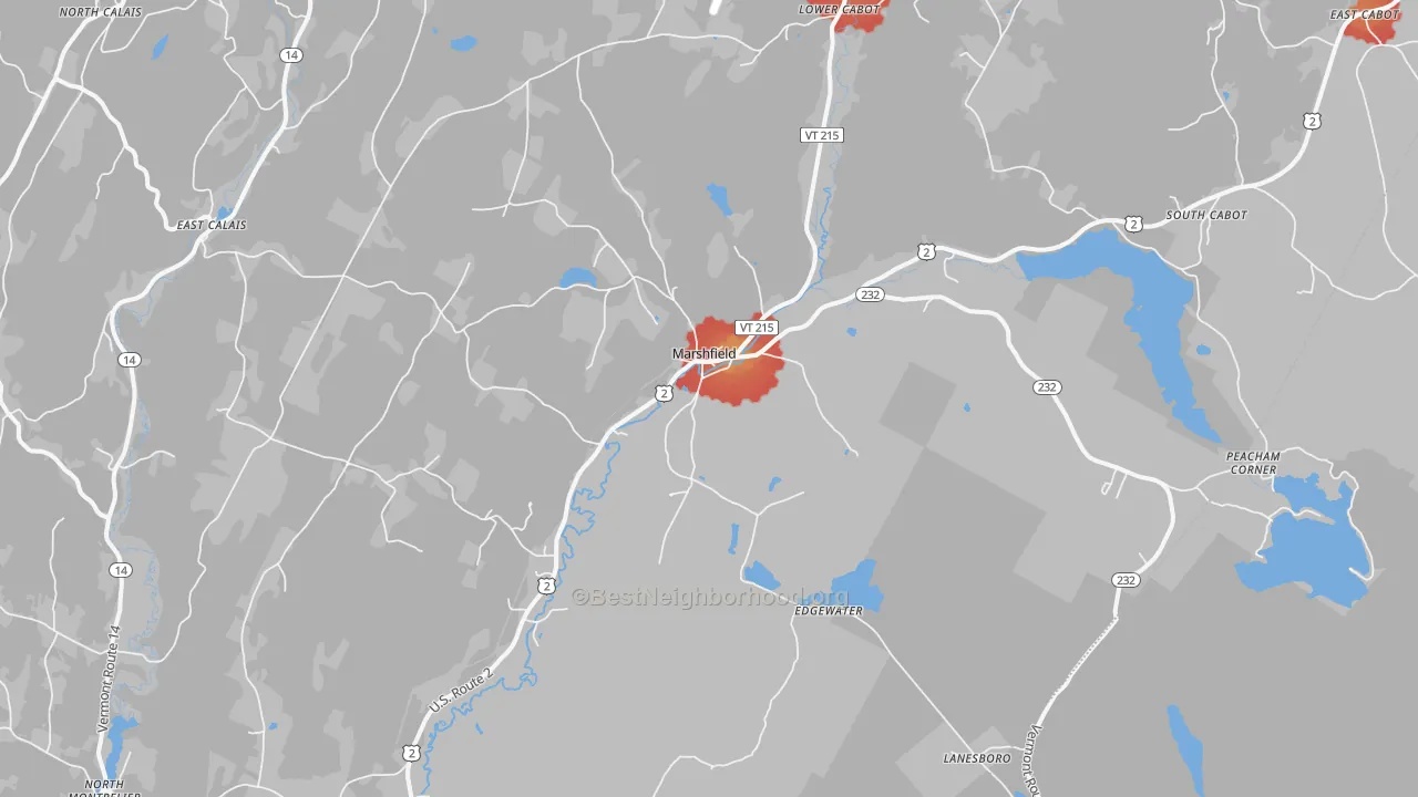 Walk Grade map of 05658, VT, walkable areas in green and car-dependent areas in red