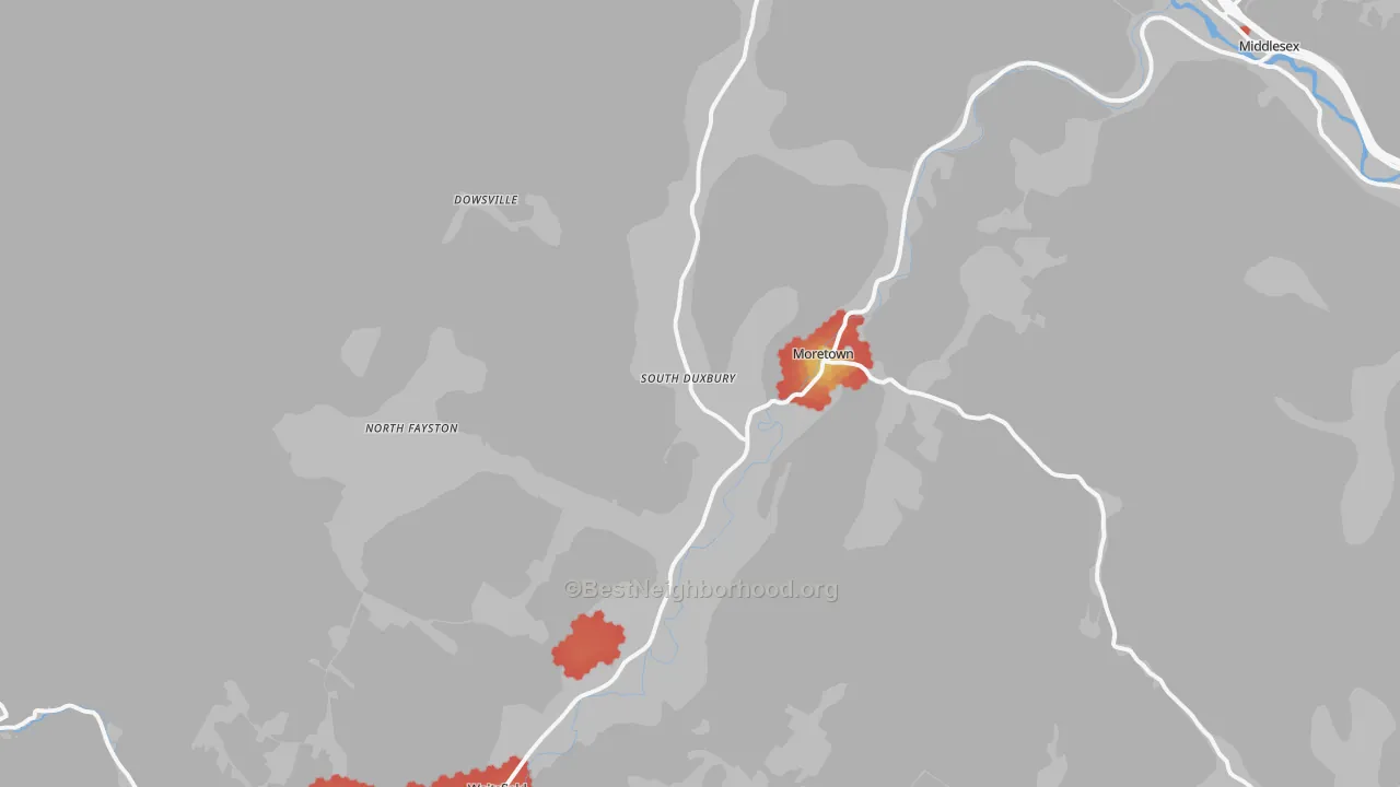 Walk Grade map of 05660, VT, walkable areas in green and car-dependent areas in red