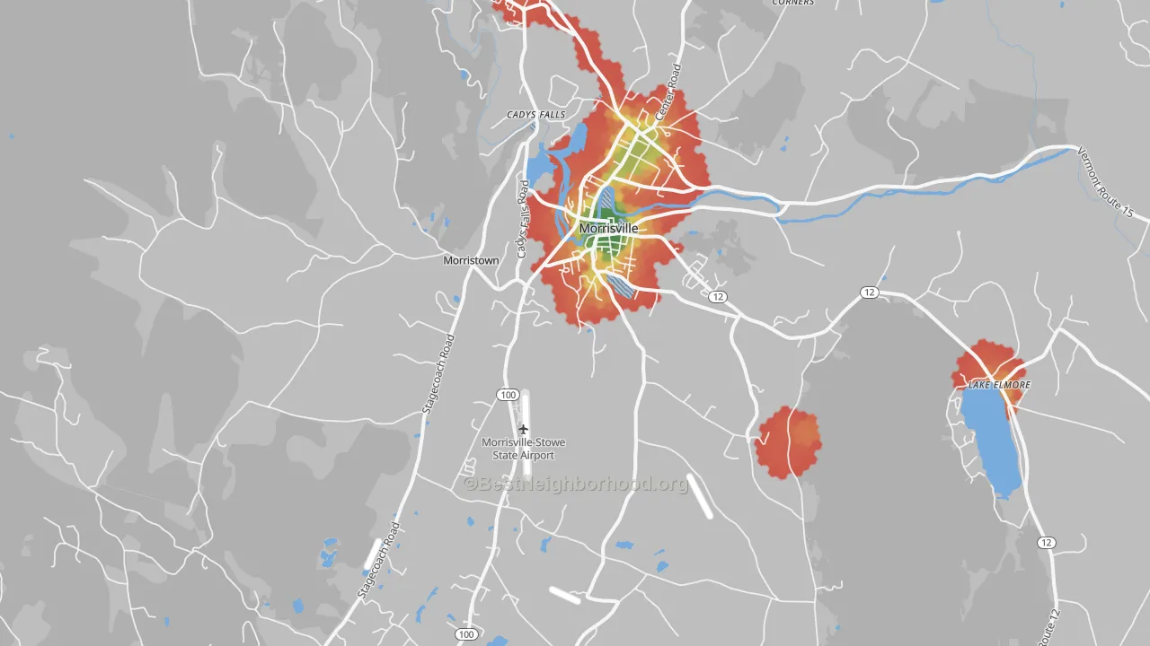 Walk Grade map of 05661, VT, walkable areas in green and car-dependent areas in red