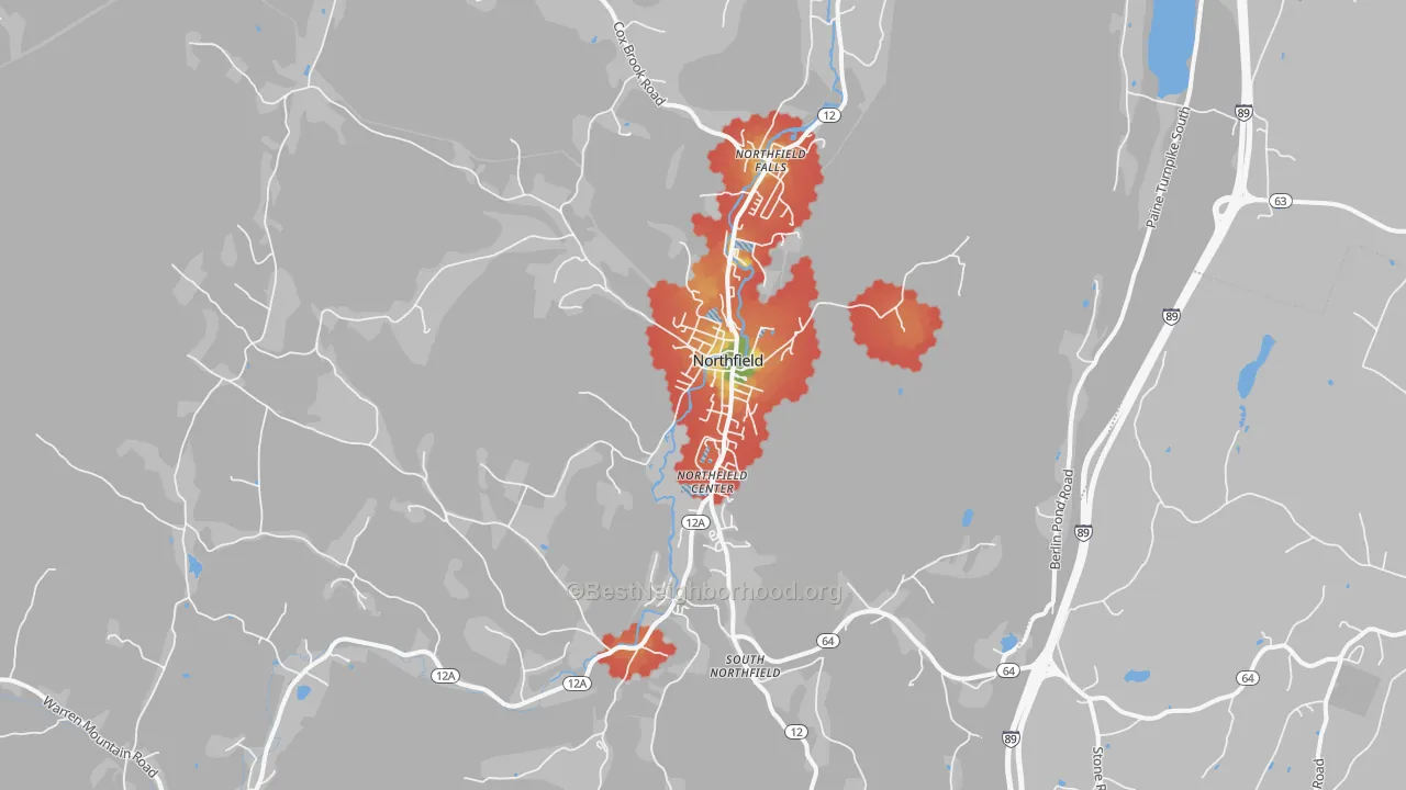 Walk Grade map of 05663, VT, walkable areas in green and car-dependent areas in red