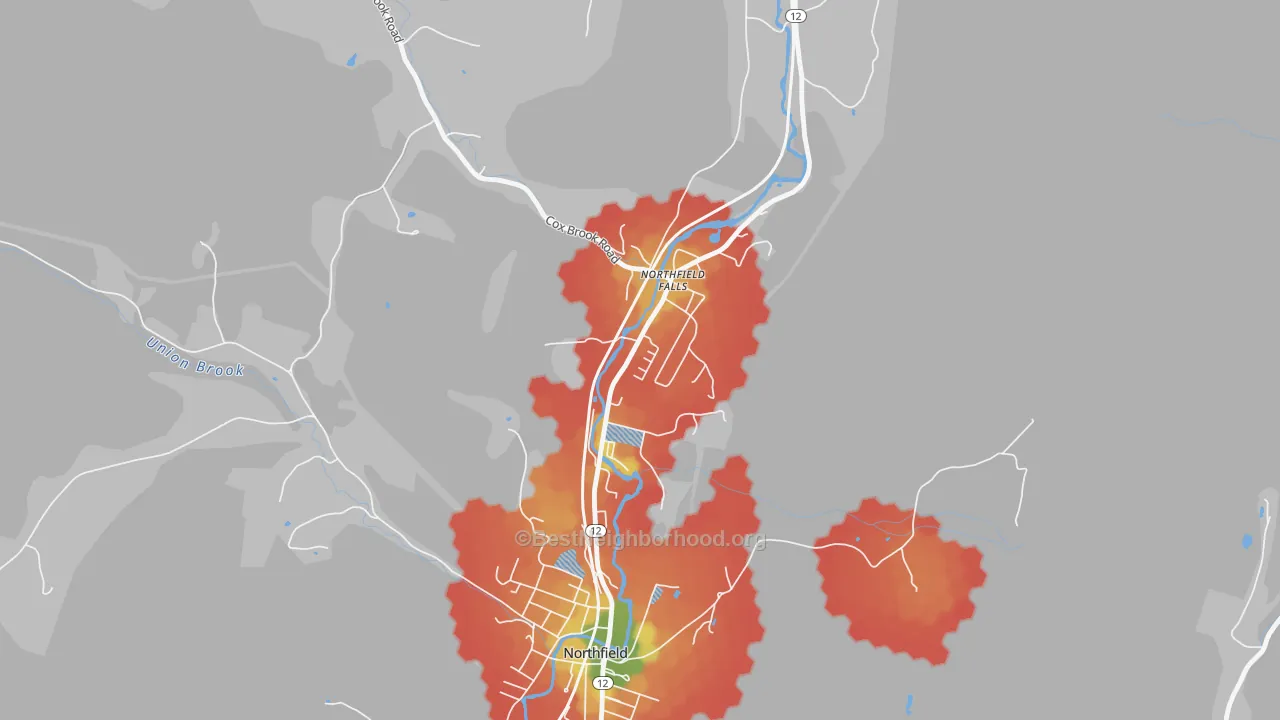 Walk Grade map of 05664, VT, walkable areas in green and car-dependent areas in red