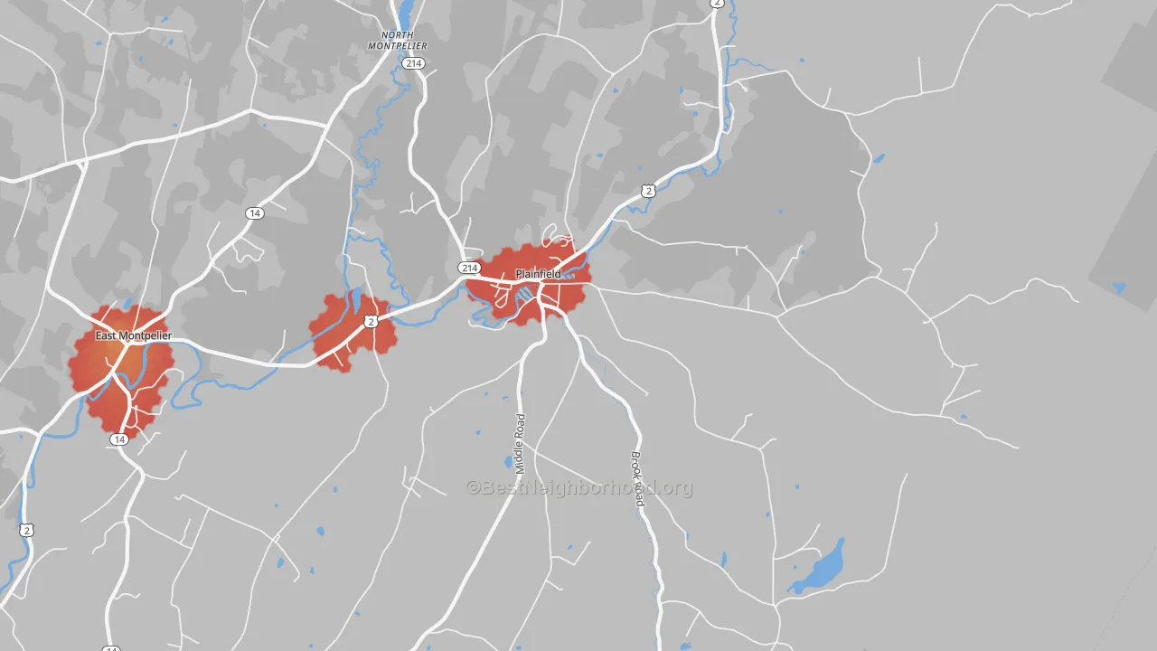 Walk Grade map of 05667, VT, walkable areas in green and car-dependent areas in red