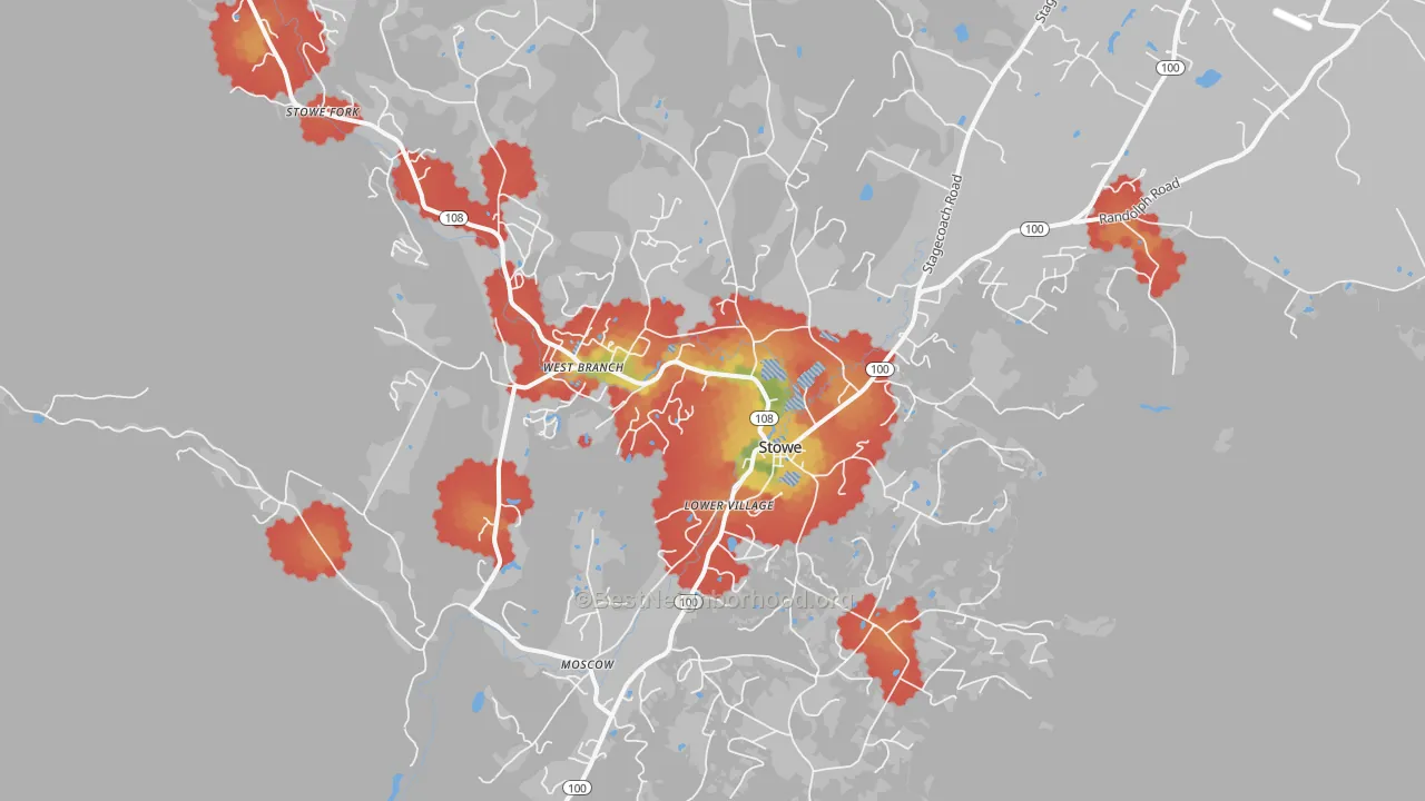 Walk Grade map of 05672, VT, walkable areas in green and car-dependent areas in red