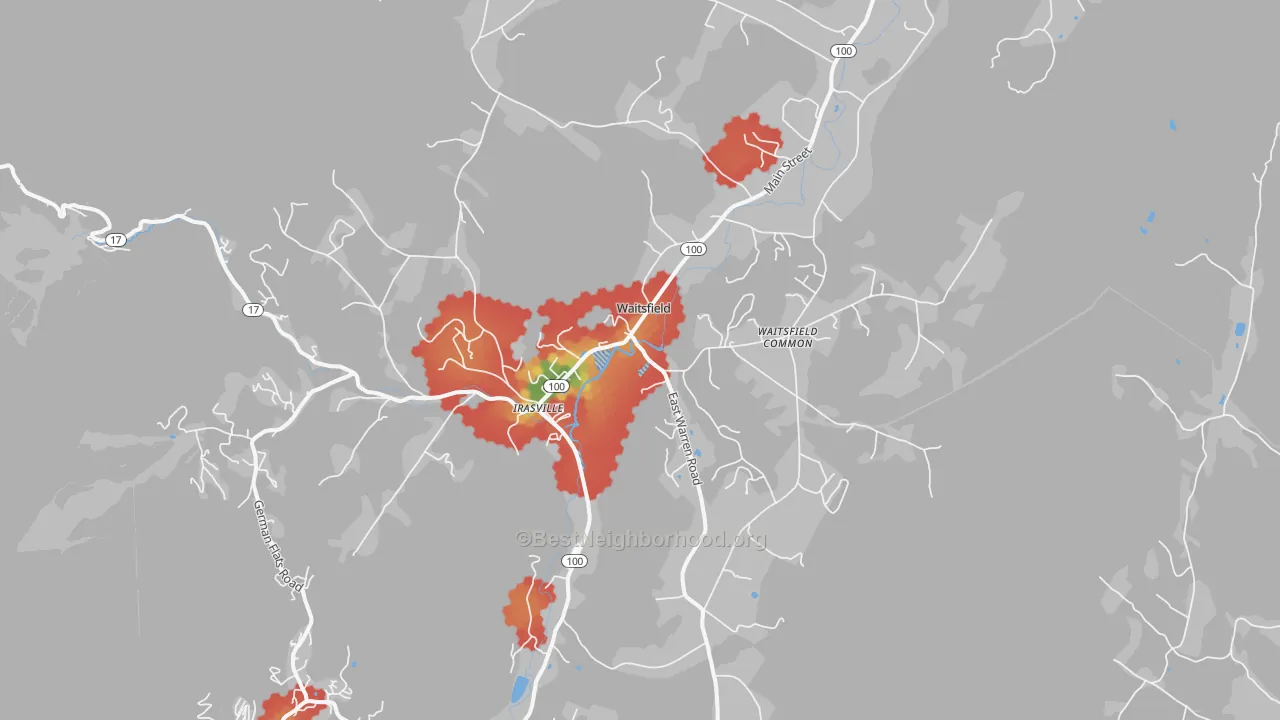 Walk Grade map of 05673, VT, walkable areas in green and car-dependent areas in red