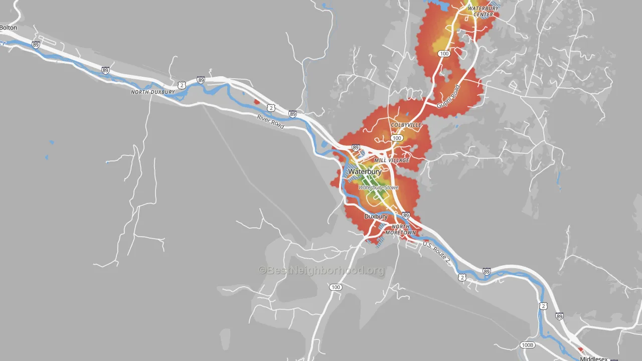 Walk Grade map of 05676, VT, walkable areas in green and car-dependent areas in red