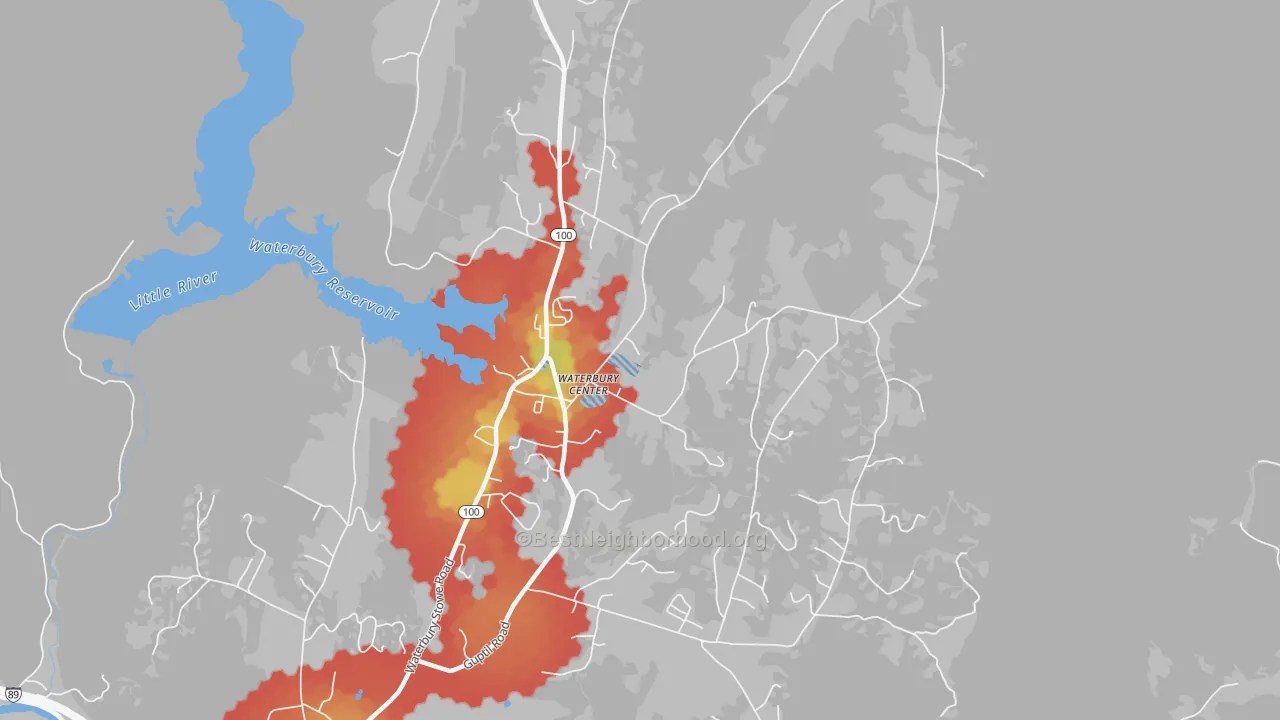 Walk Grade map of 05677, VT, walkable areas in green and car-dependent areas in red