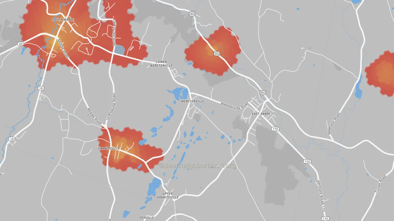 Walk Grade map of 05678, VT, walkable areas in green and car-dependent areas in red