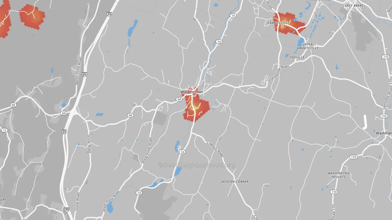 Walk Grade map of 05679, VT, walkable areas in green and car-dependent areas in red