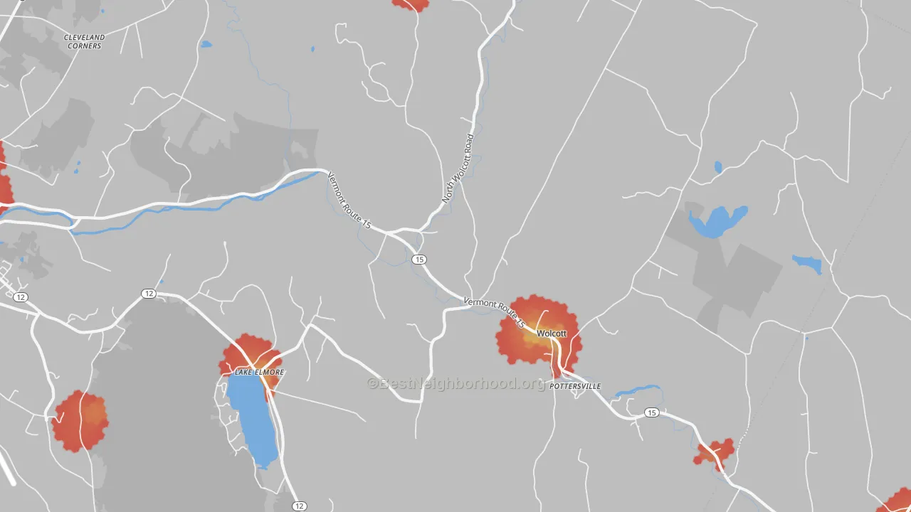 Walk Grade map of 05680, VT, walkable areas in green and car-dependent areas in red
