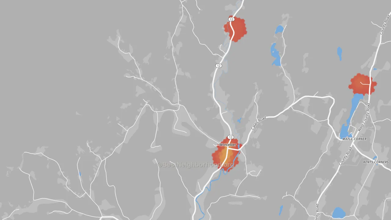 Walk Grade map of 05682, VT, walkable areas in green and car-dependent areas in red