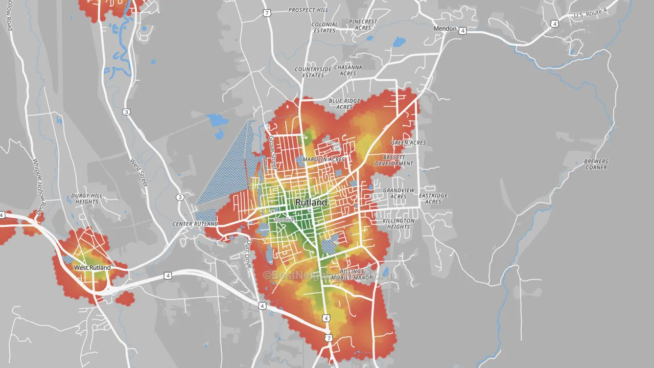 Walk Grade map of 05701, VT, walkable areas in green and car-dependent areas in red