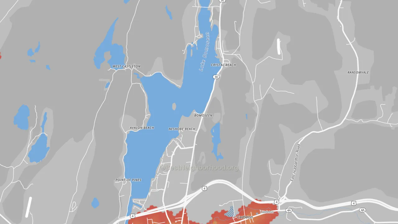 Walk Grade map of 05732, VT, walkable areas in green and car-dependent areas in red