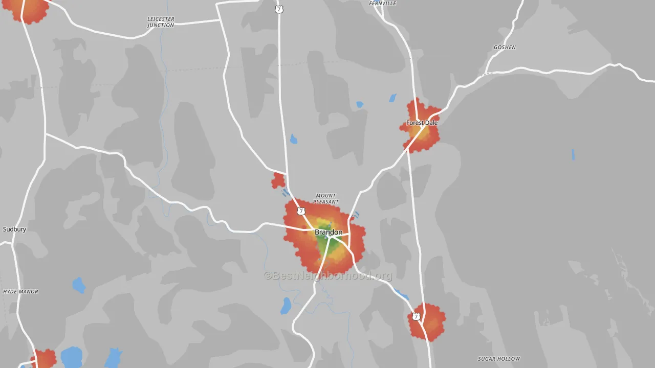Walk Grade map of 05733, VT, walkable areas in green and car-dependent areas in red