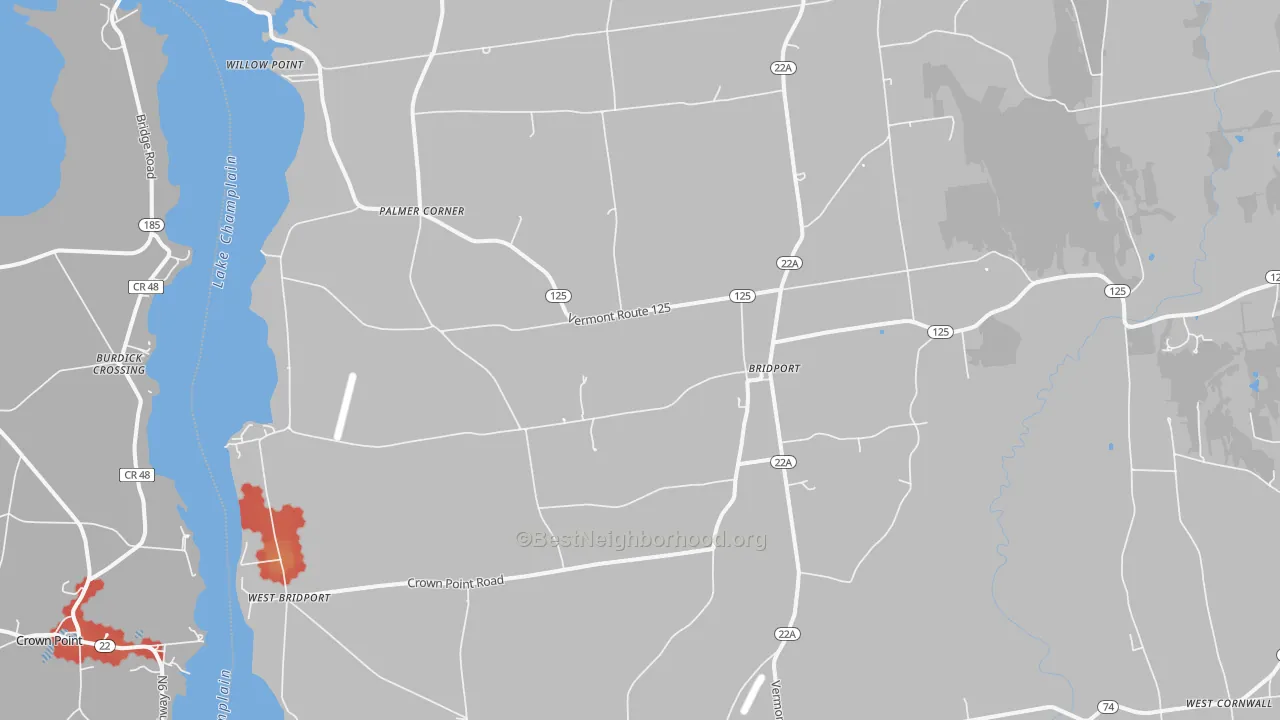 Walk Grade map of 05734, VT, walkable areas in green and car-dependent areas in red