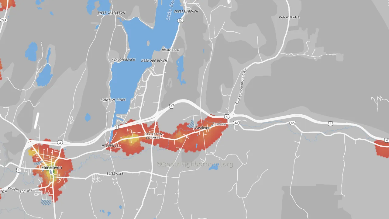 Walk Grade map of 05735, VT, walkable areas in green and car-dependent areas in red