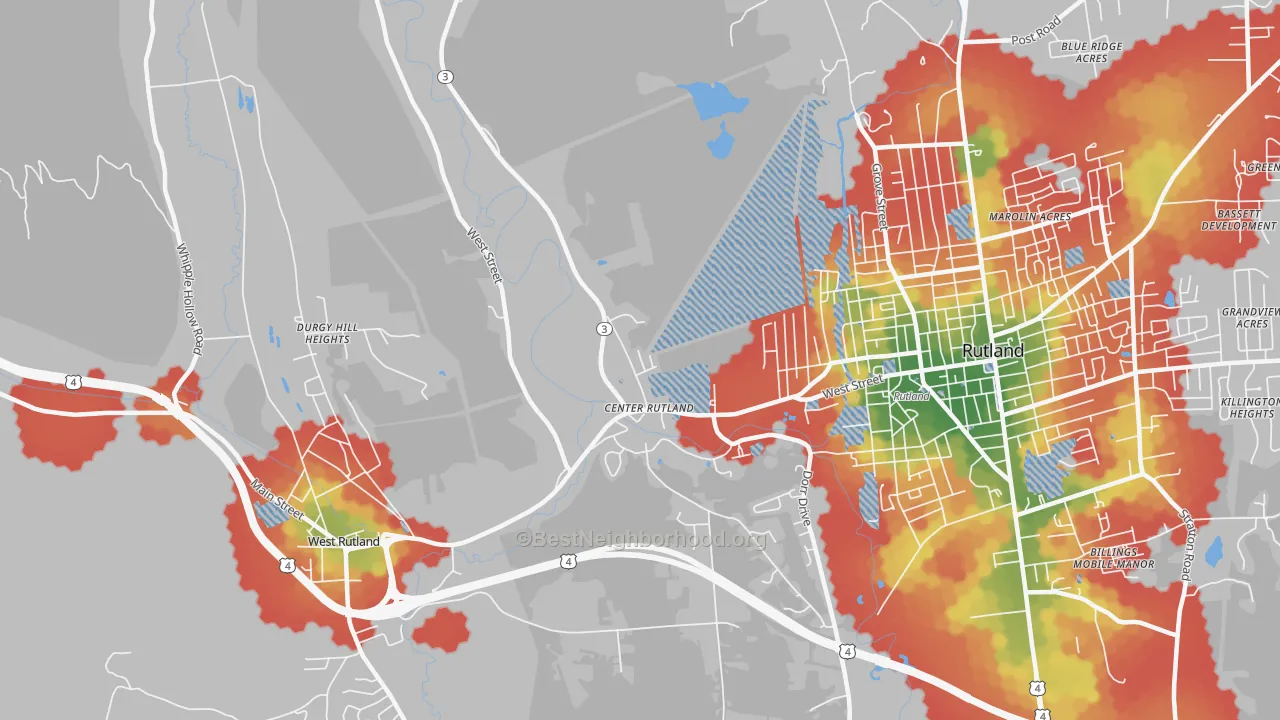 Walk Grade map of 05736, VT, walkable areas in green and car-dependent areas in red