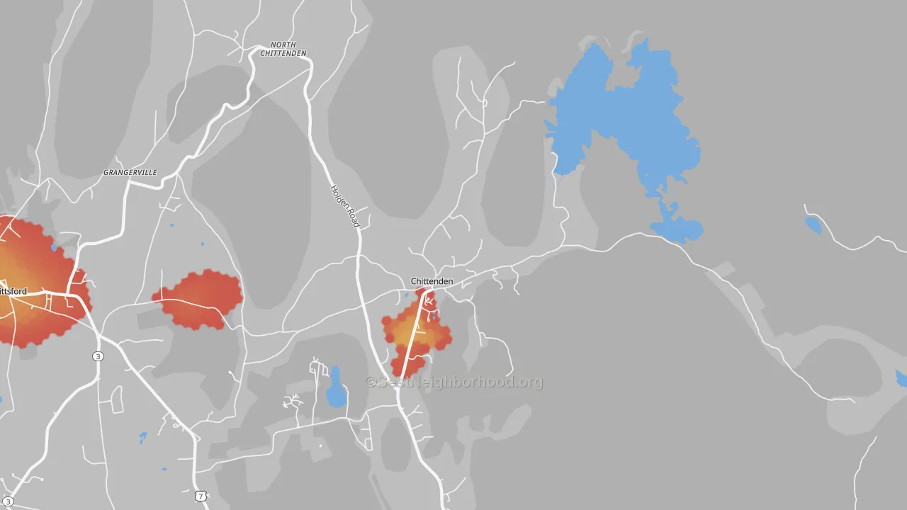 Walk Grade map of 05737, VT, walkable areas in green and car-dependent areas in red