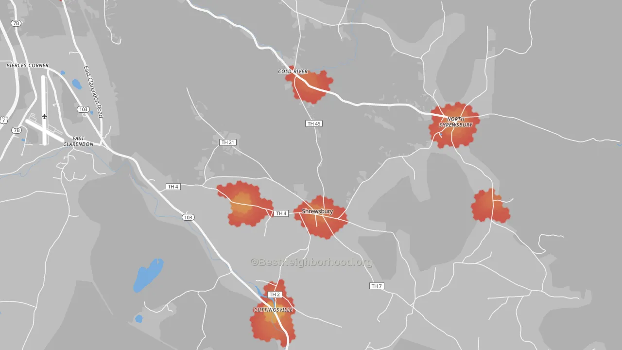 Walk Grade map of 05738, VT, walkable areas in green and car-dependent areas in red