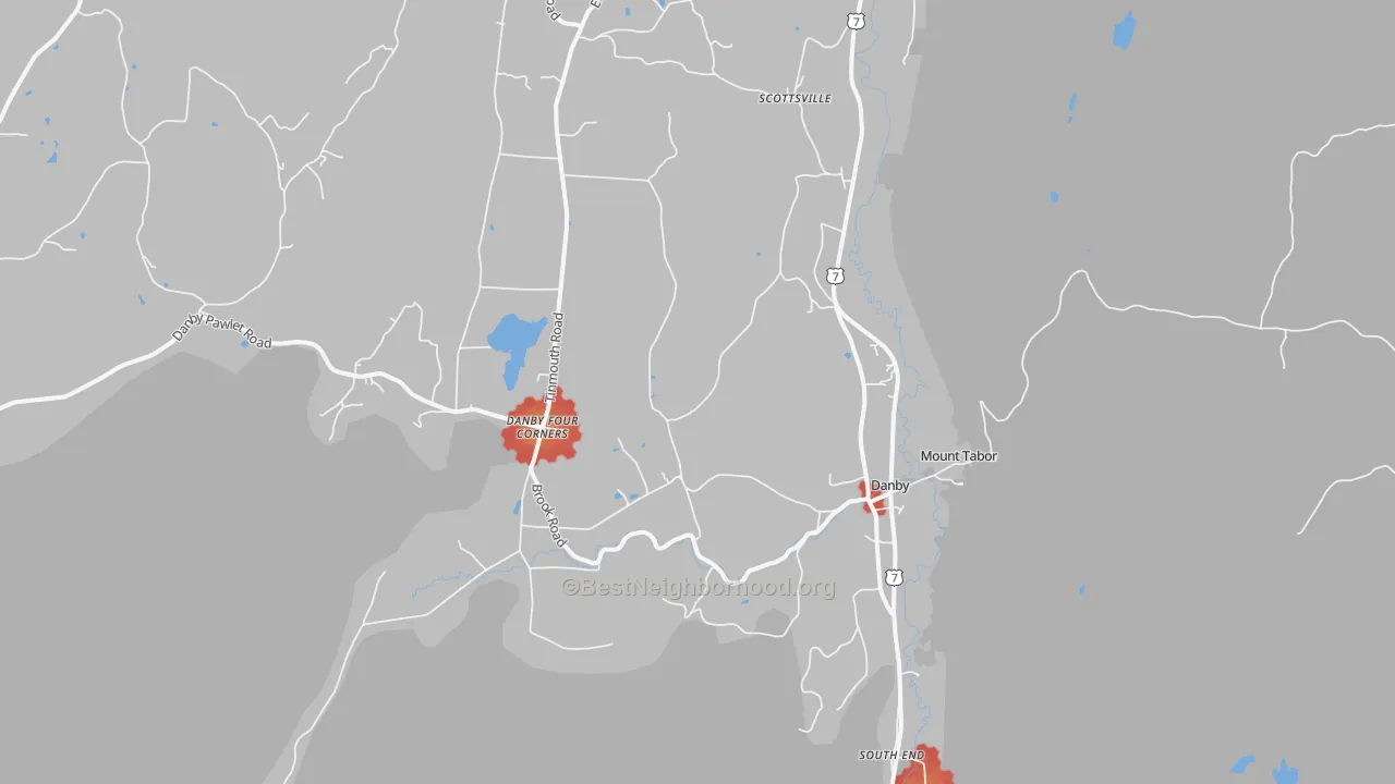 Walk Grade map of 05739, VT, walkable areas in green and car-dependent areas in red