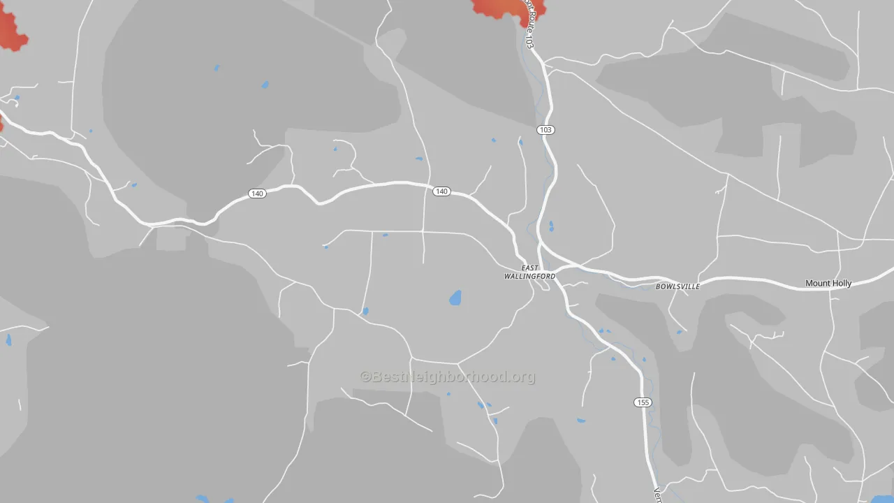 Walk Grade map of 05742, VT, walkable areas in green and car-dependent areas in red