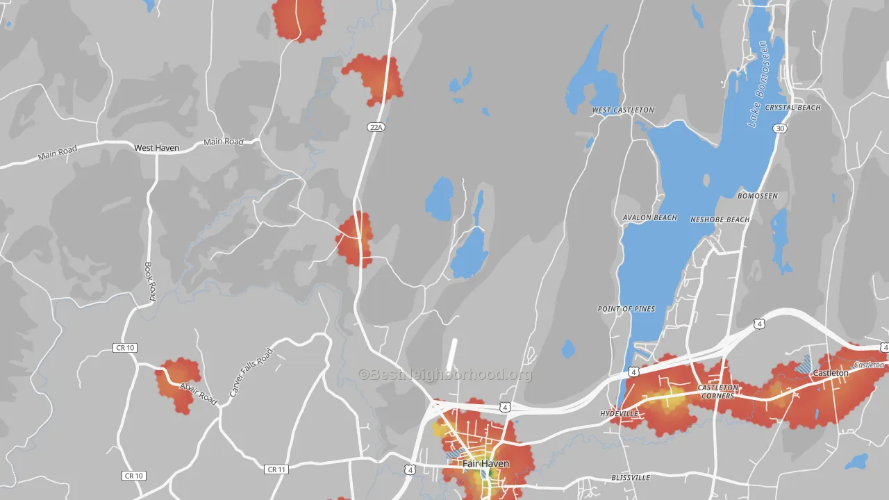 Walk Grade map of 05743, VT, walkable areas in green and car-dependent areas in red