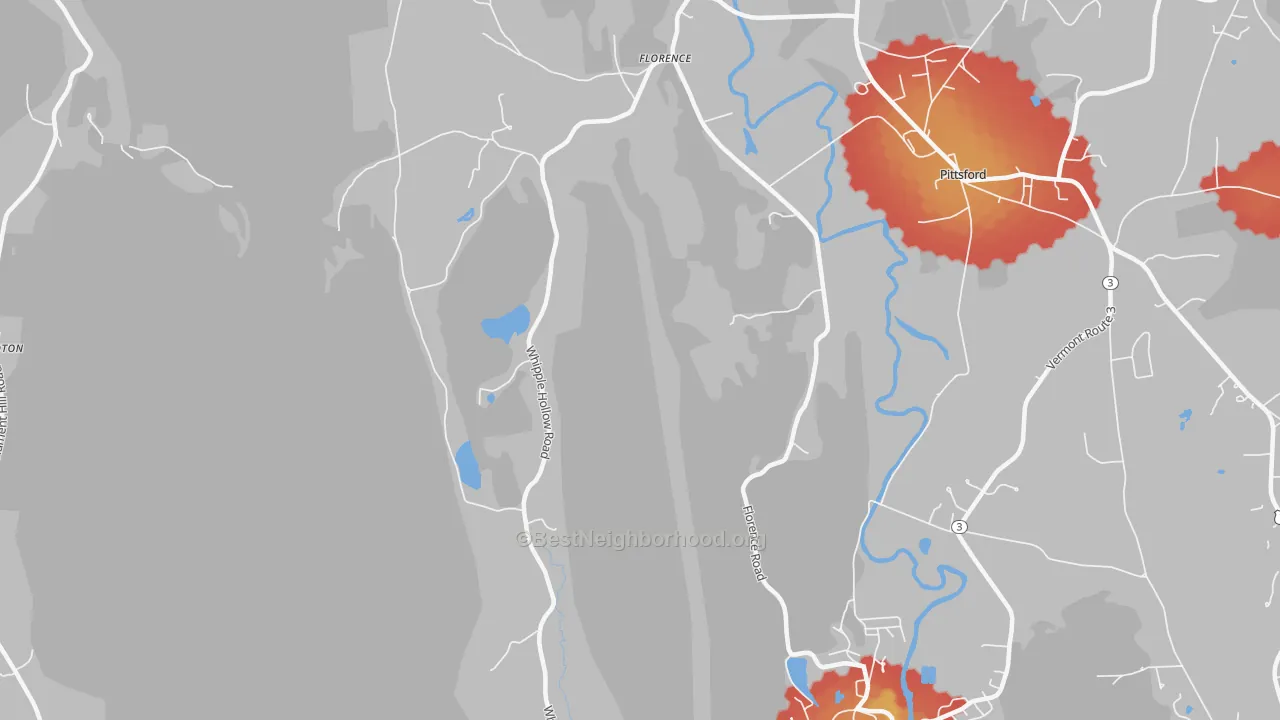 Walk Grade map of 05744, VT, walkable areas in green and car-dependent areas in red