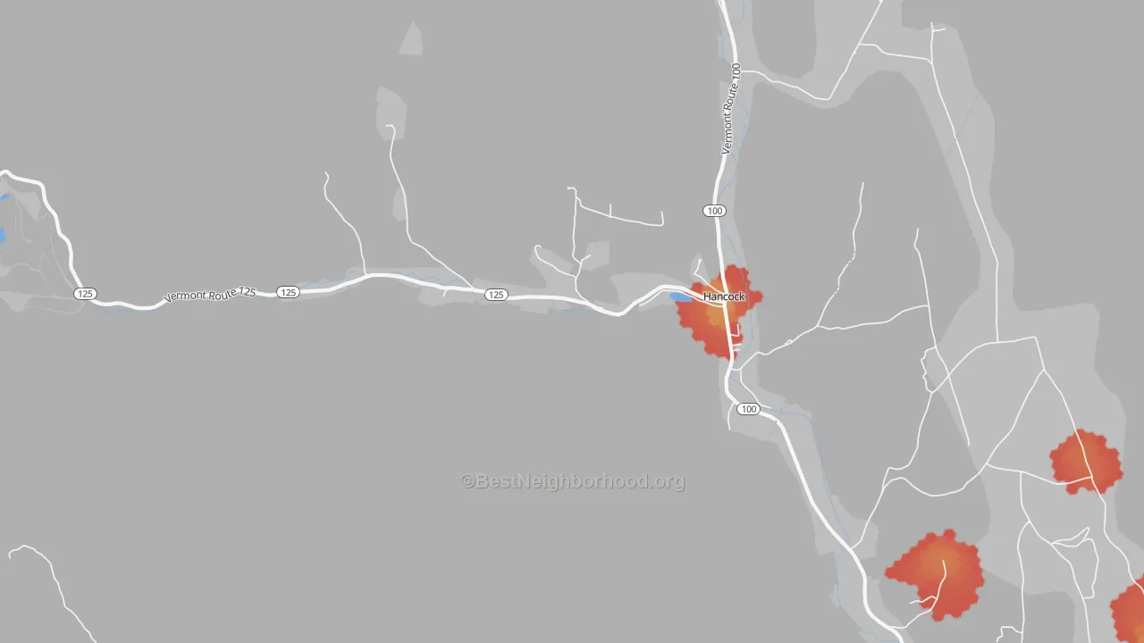 Walk Grade map of 05748, VT, walkable areas in green and car-dependent areas in red