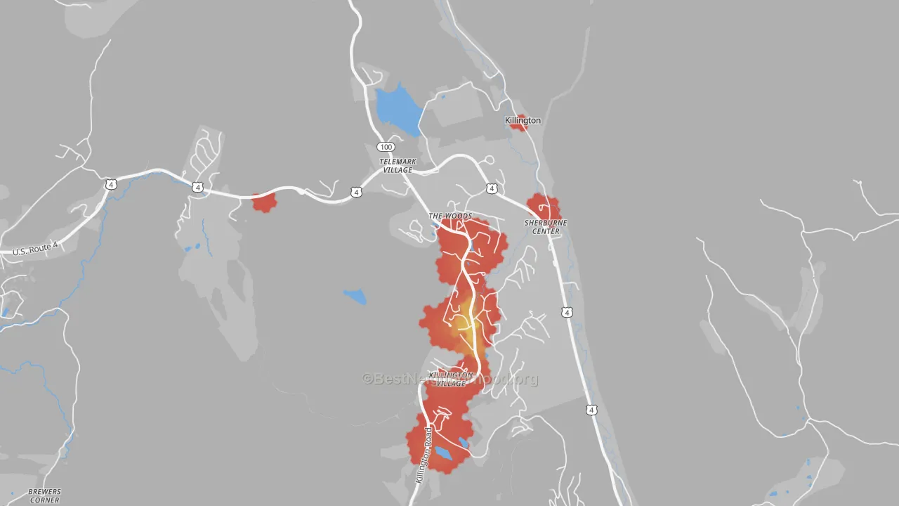Walk Grade map of 05751, VT, walkable areas in green and car-dependent areas in red