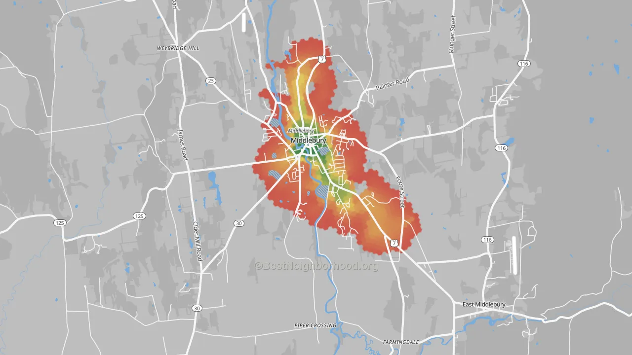 Walk Grade map of 05753, VT, walkable areas in green and car-dependent areas in red