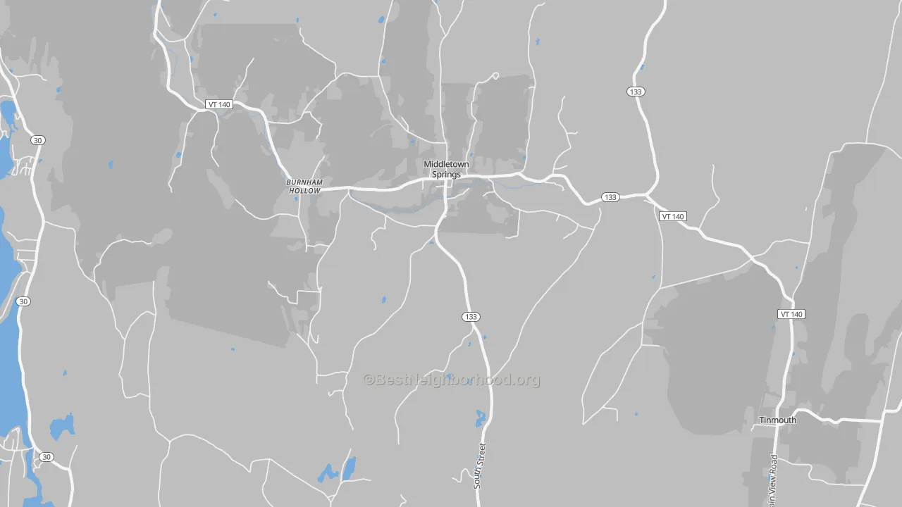 Walk Grade map of 05757, VT, walkable areas in green and car-dependent areas in red