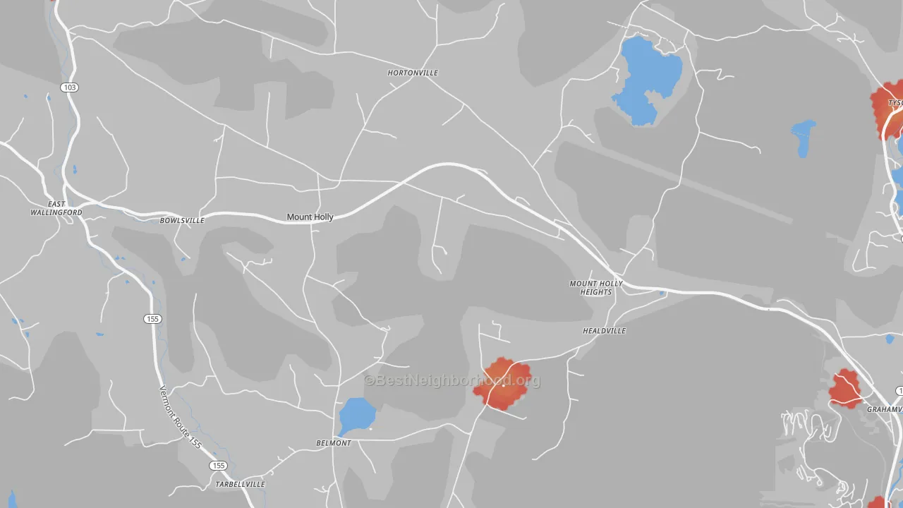 Walk Grade map of 05758, VT, walkable areas in green and car-dependent areas in red