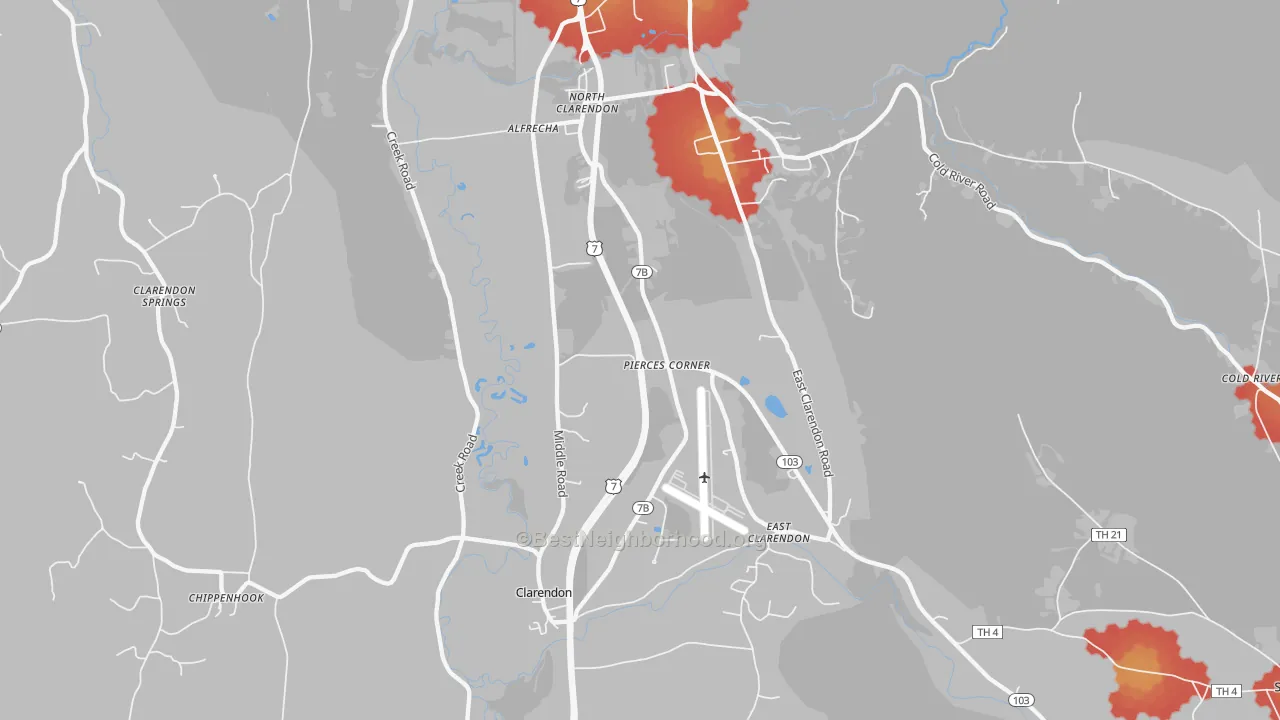 Walk Grade map of 05759, VT, walkable areas in green and car-dependent areas in red