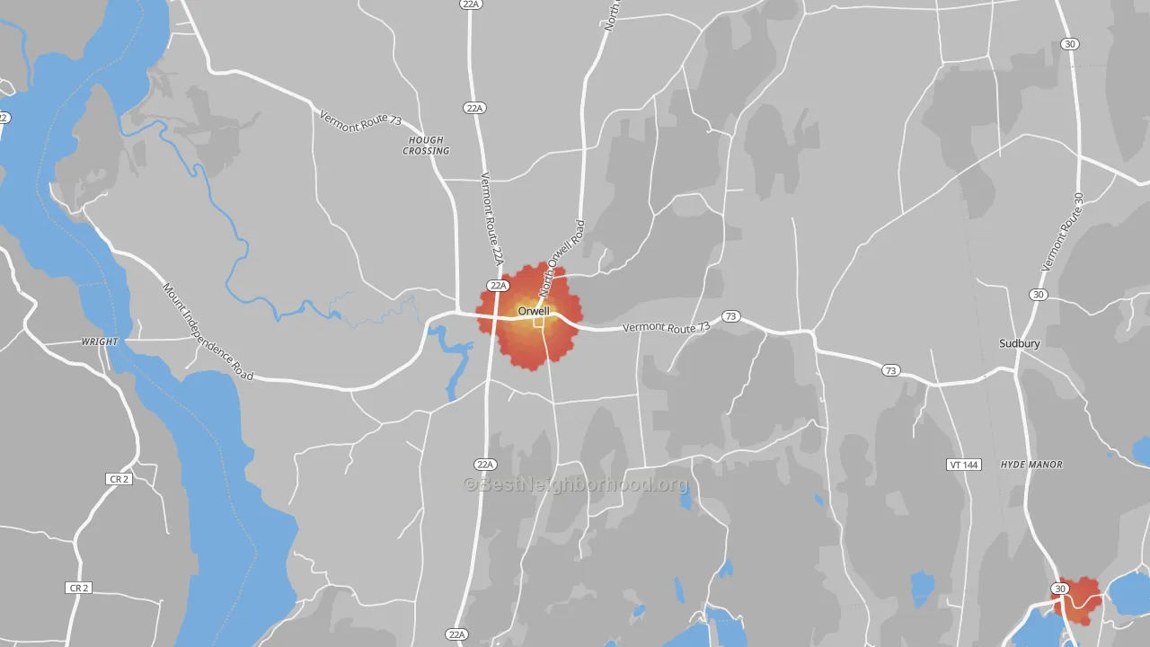 Walk Grade map of 05760, VT, walkable areas in green and car-dependent areas in red
