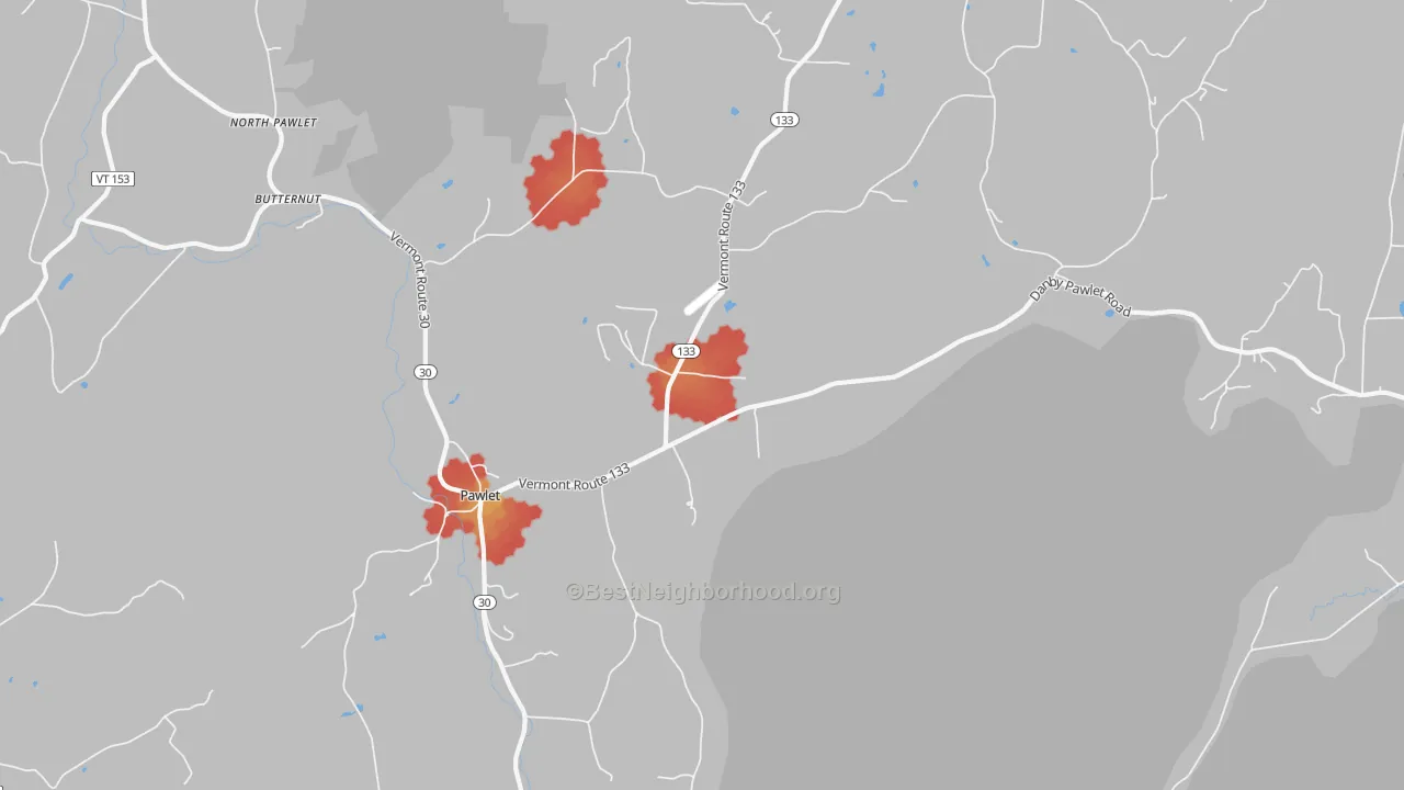 Walk Grade map of 05761, VT, walkable areas in green and car-dependent areas in red