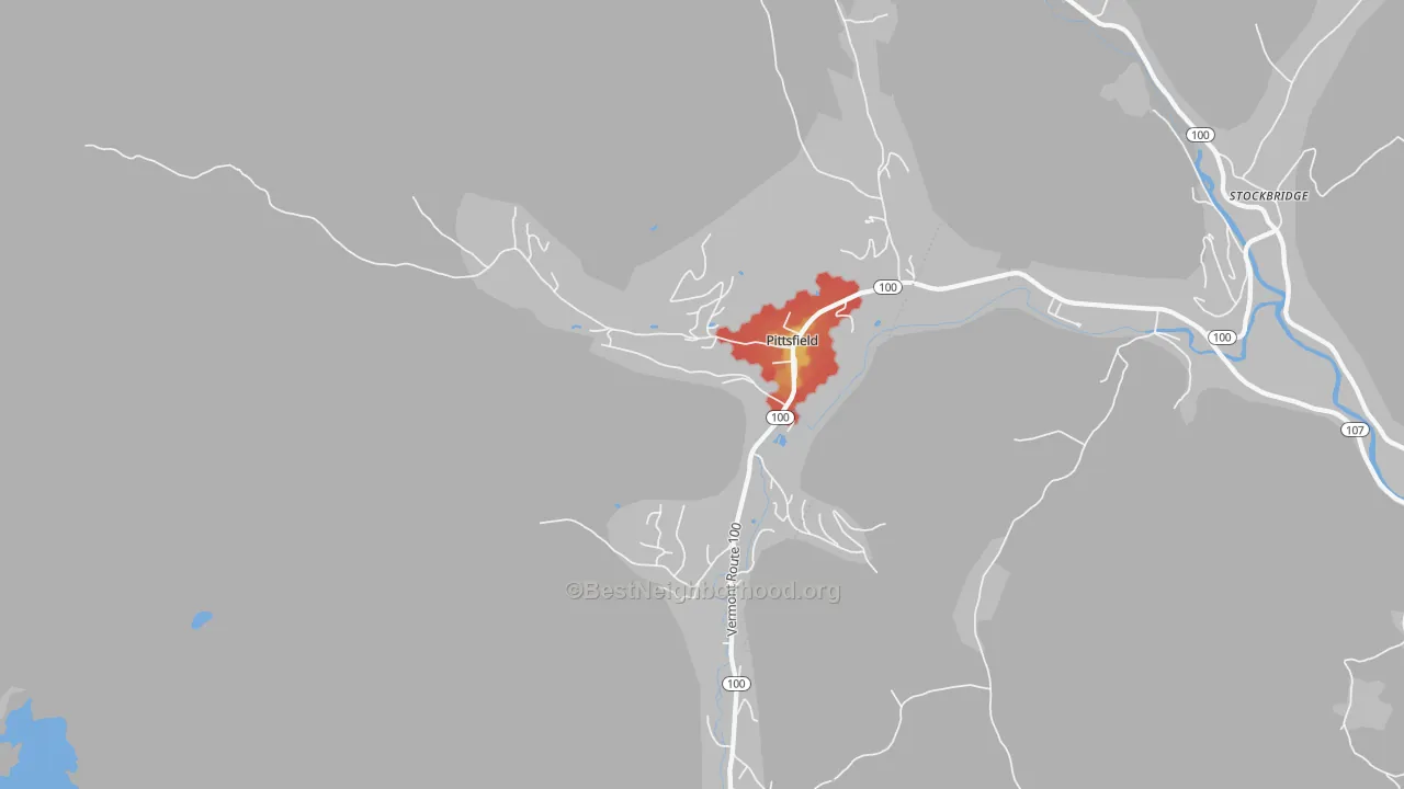 Walk Grade map of 05762, VT, walkable areas in green and car-dependent areas in red