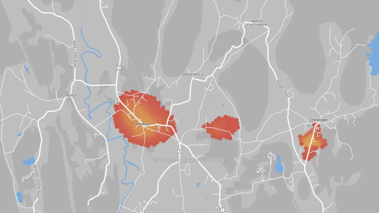Walk Grade map of 05763, VT, walkable areas in green and car-dependent areas in red