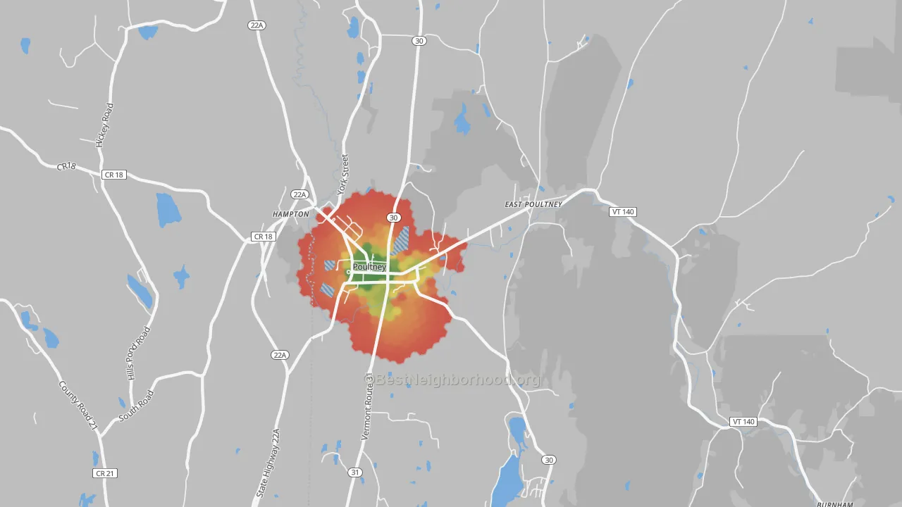 Walk Grade map of 05764, VT, walkable areas in green and car-dependent areas in red