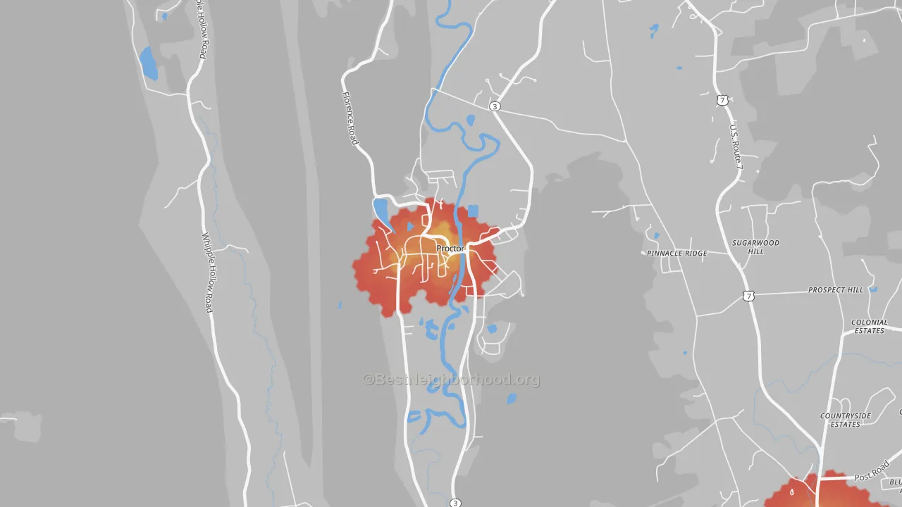 Walk Grade map of 05765, VT, walkable areas in green and car-dependent areas in red