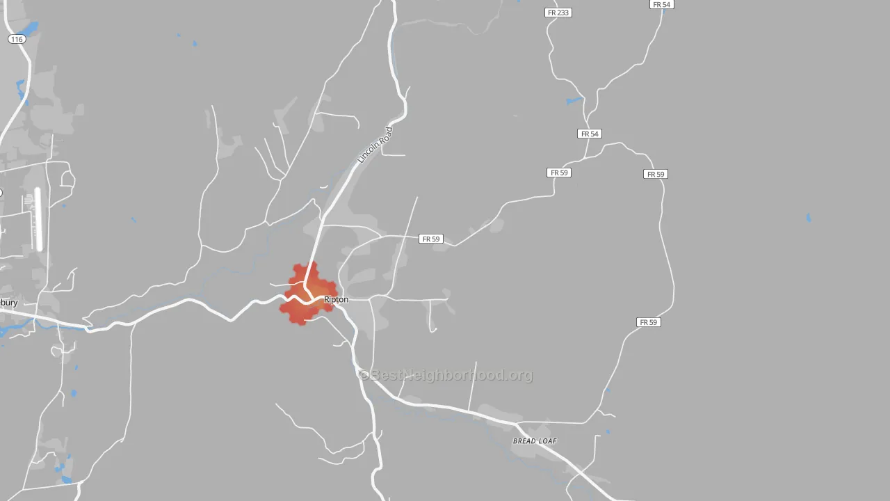 Walk Grade map of 05766, VT, walkable areas in green and car-dependent areas in red