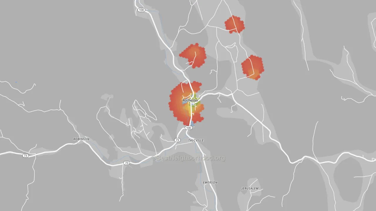 Walk Grade map of 05767, VT, walkable areas in green and car-dependent areas in red