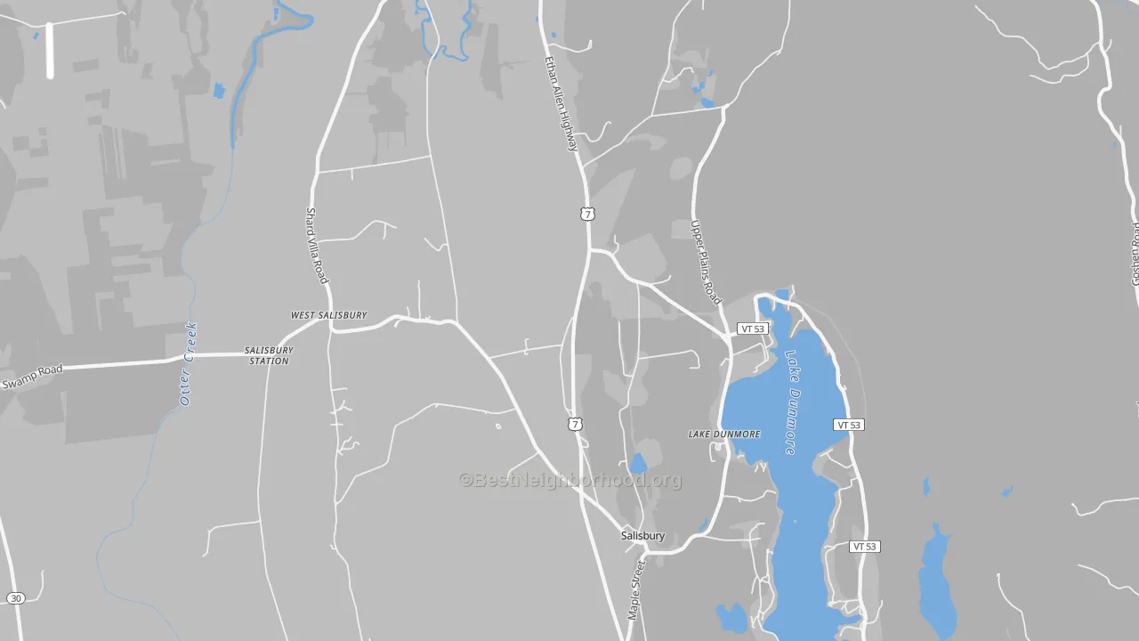 Walk Grade map of 05769, VT, walkable areas in green and car-dependent areas in red