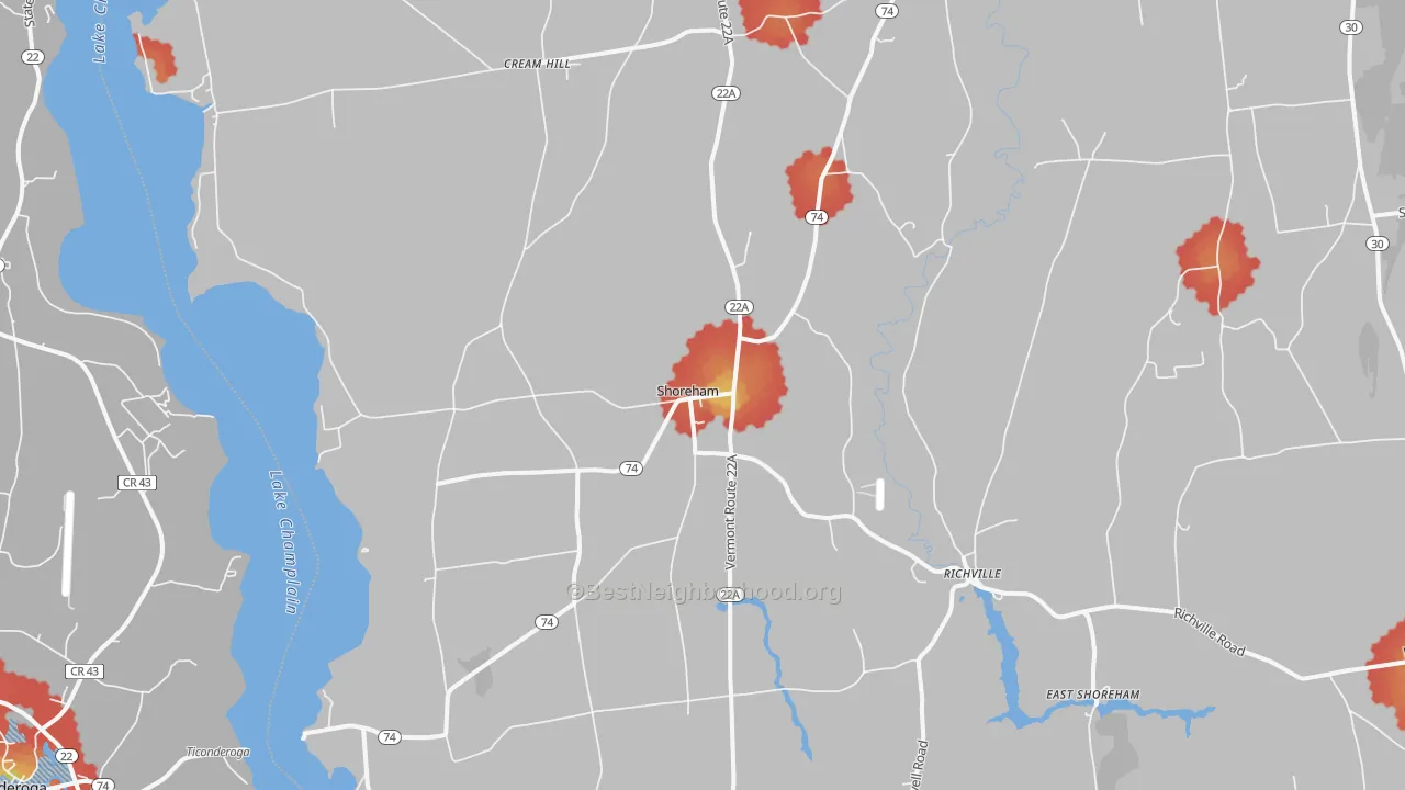 Walk Grade map of 05770, VT, walkable areas in green and car-dependent areas in red