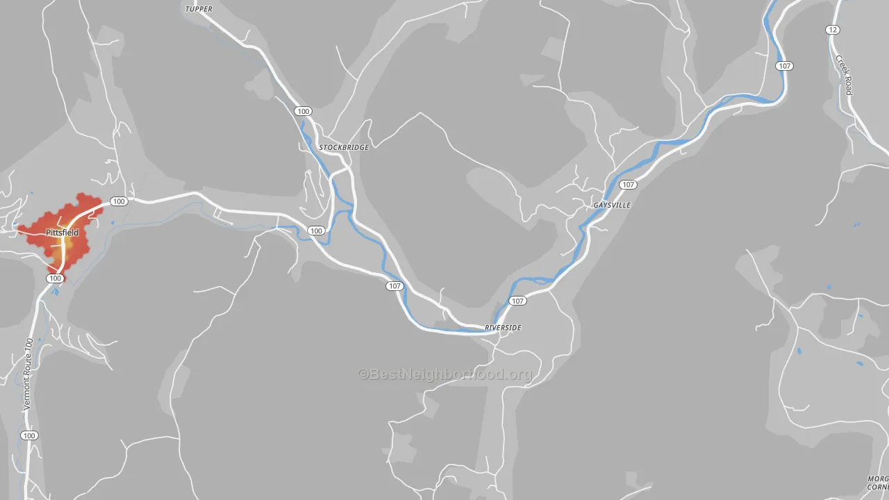 Walk Grade map of 05772, VT, walkable areas in green and car-dependent areas in red
