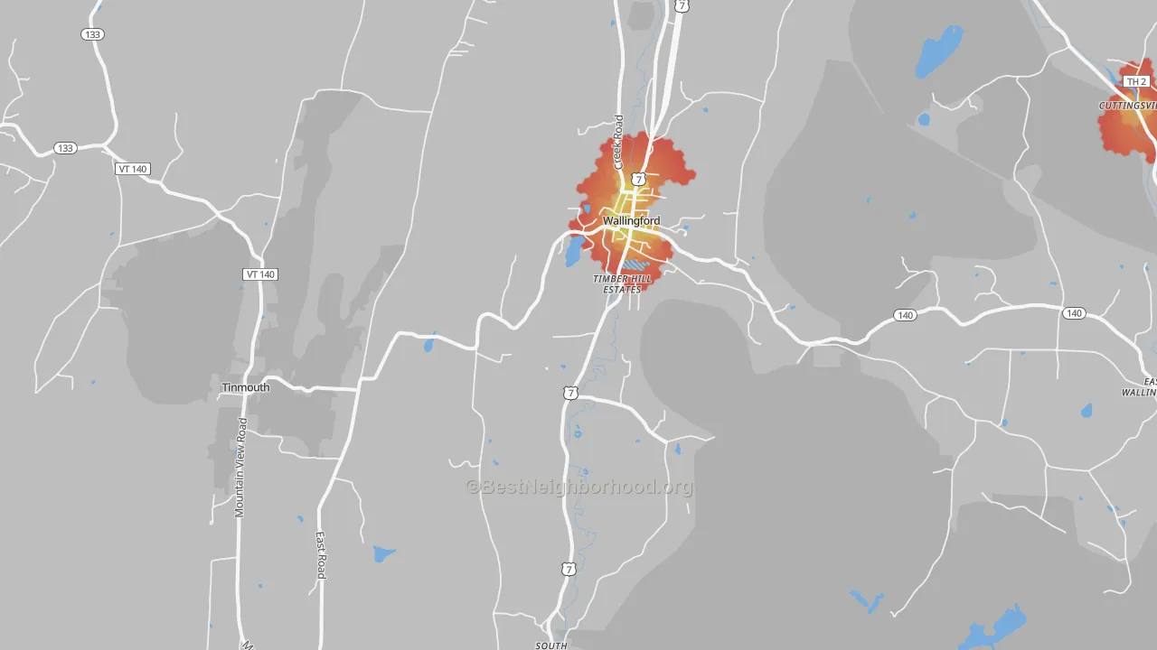 Walk Grade map of 05773, VT, walkable areas in green and car-dependent areas in red