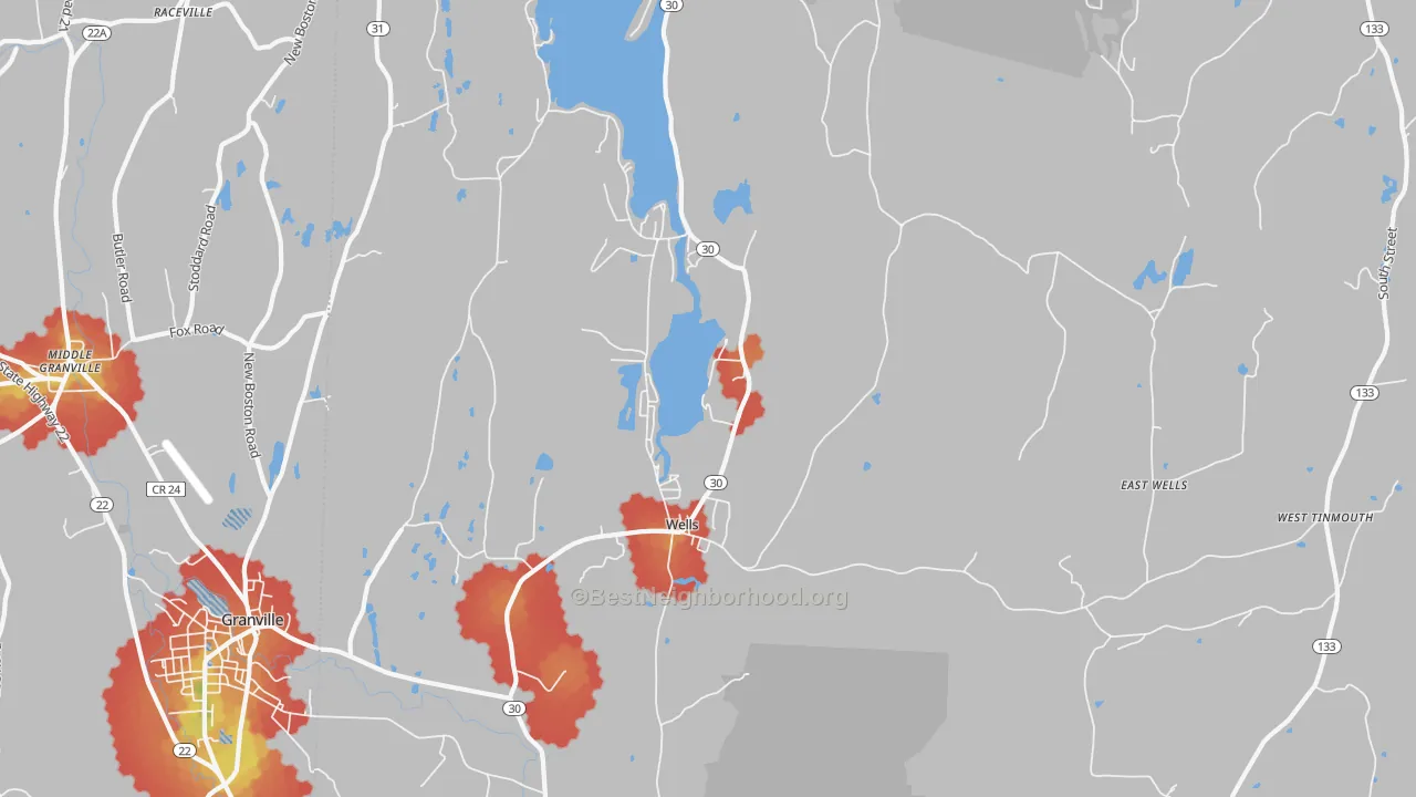 Walk Grade map of 05774, VT, walkable areas in green and car-dependent areas in red